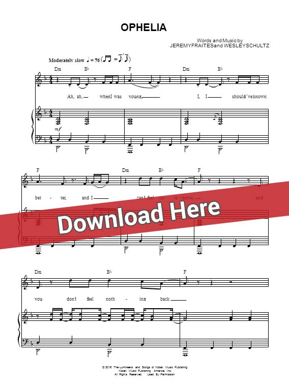 the lumineers, ophelia, sheet music, piano notes, chords